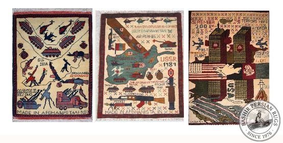 Examples of three small afghan war rugs handmade in Afghanistan with pure wool circa 1992